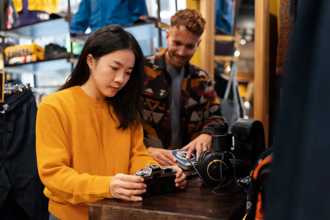 Средний план людей, смотрящих на старые предметы.